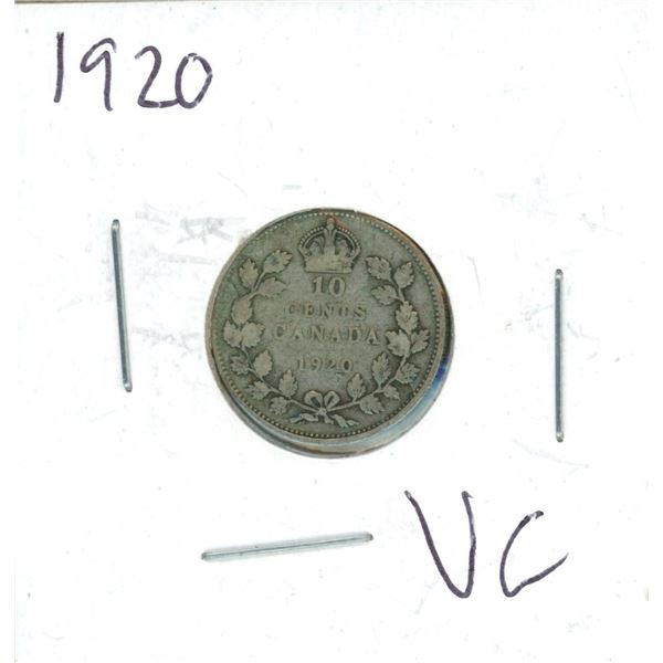 1920 Canadian Silver 10 Cent Coin (VG)