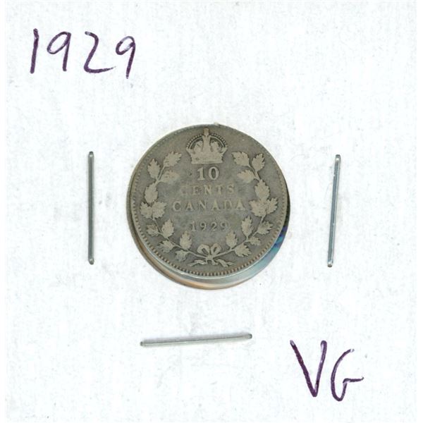 1929 Canadian Silver 10 Cent Coin (VG)