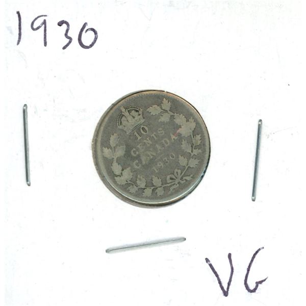 1930 Canadian Silver 10 Cent Coin (VG)