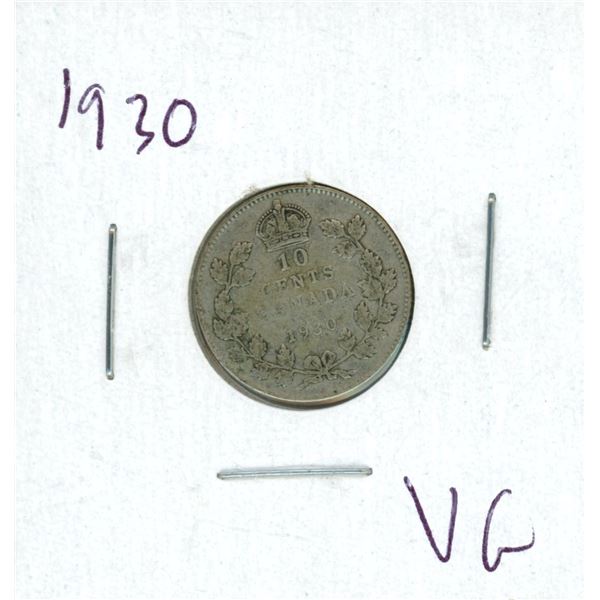 1930 Canadian Silver 10 Cent Coin (VG)