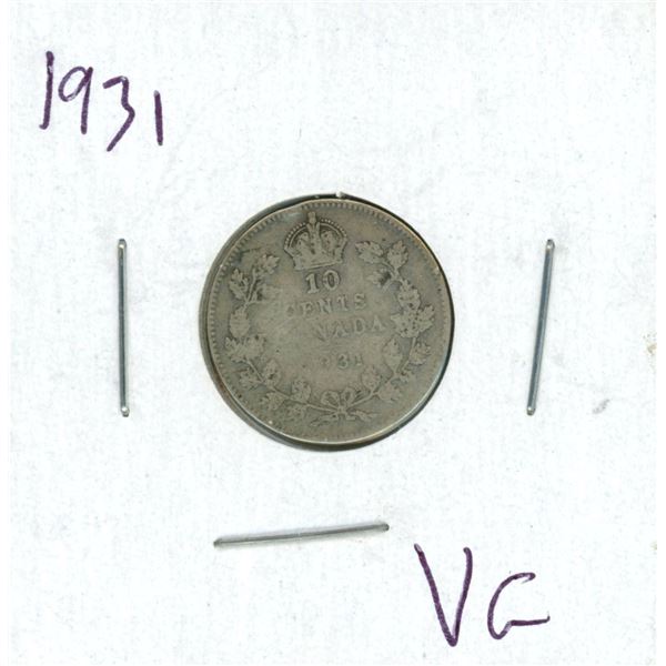 1931 Canadian Silver 10 Cent Coin (VG)