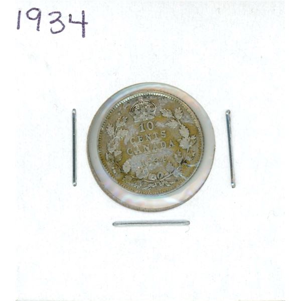 1934 Canadian Silver 10 Cent Coin