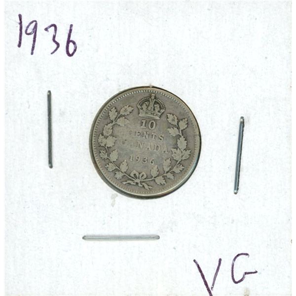 1936 Canadian Silver 10 Cent Coin (VG)