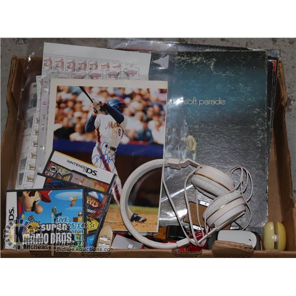 BOX OF DIECAST, RECORDS, BLOCK STAMPS, TOYS, GAME