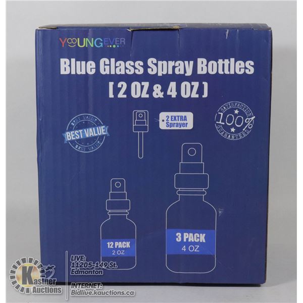 NEW 15 PC BLUE GLASS SPRAY BOTTLES