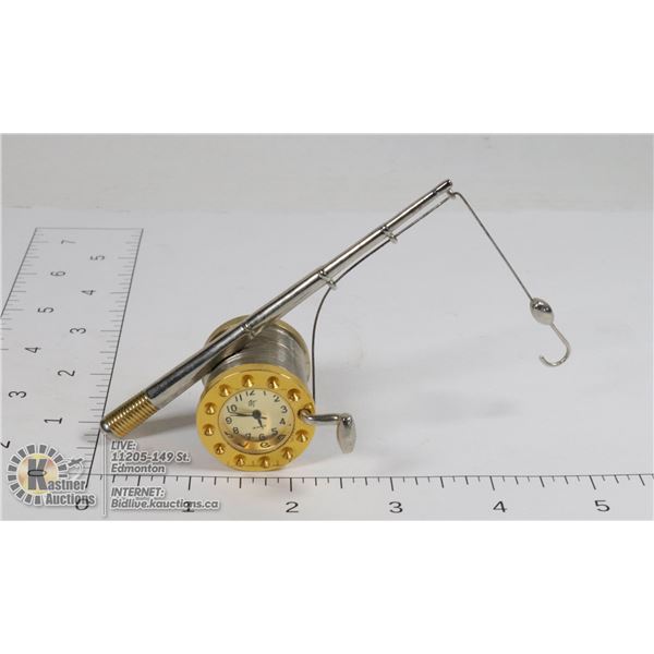 HEAVY BRASS & SILVER FISHING ROD COLLECTIBLE CLOCK