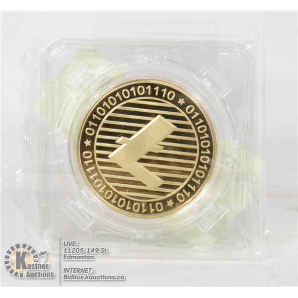 GOLD PLATED LITECOIN CRYPTO COIN IN ROTATING CASE