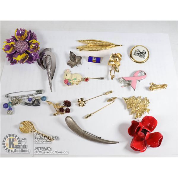BOX OF ESTATE STICK PINS AND BROOCHES