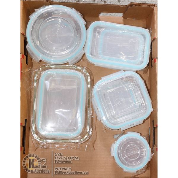 SET OF 9 GLASS RUBBERMAID CONTAINERS