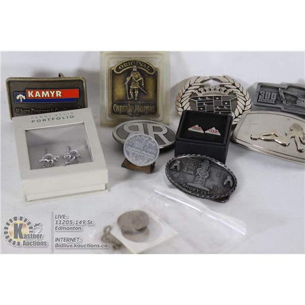 TRAY OF NEW CUFFLINKS, BELT BUCKLES & COINS