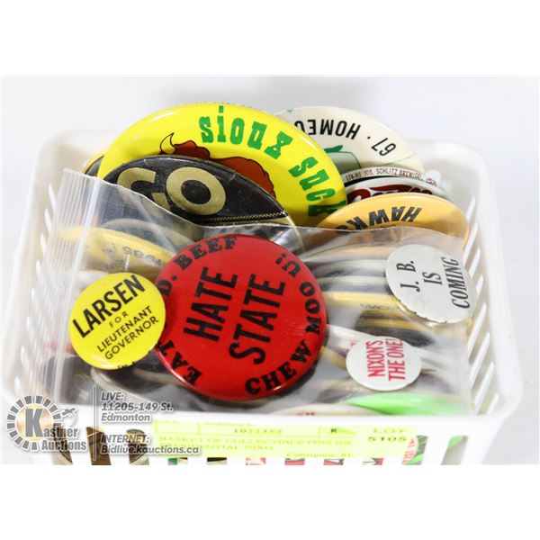 BASKET OF COLLECTIBLE PINS INCL. PRESIDENTIAL NIXO