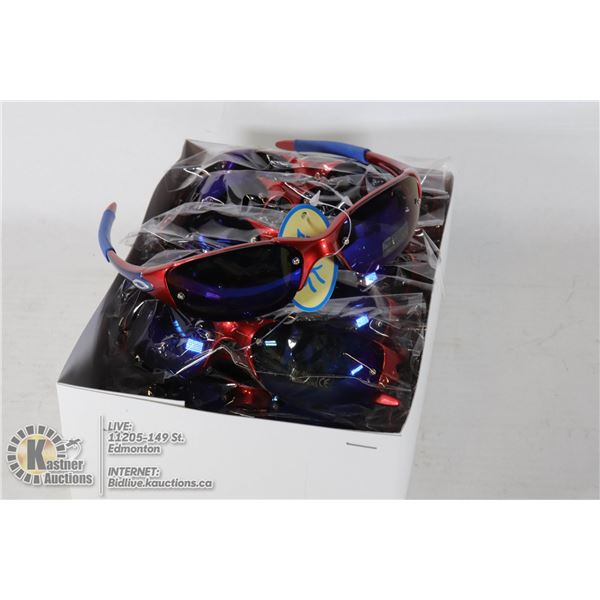 BOX OF OAKLEY STYLE GLASSES - RED AND BLUE