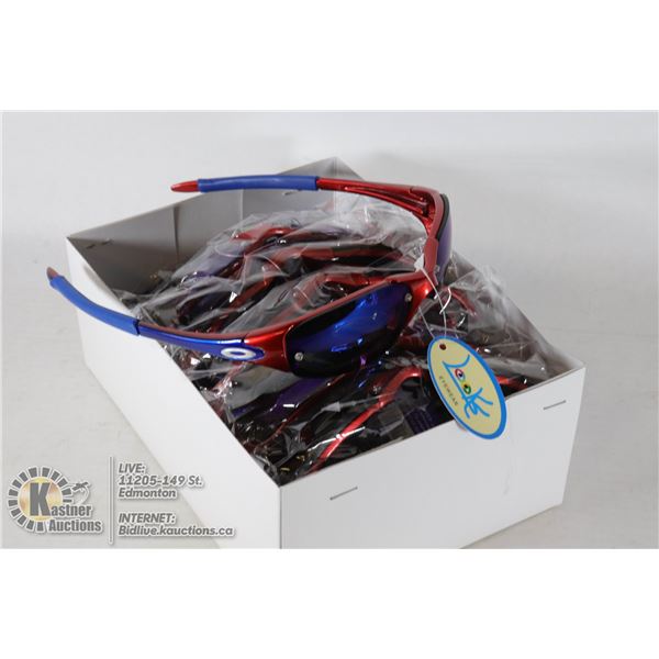 BOX OF OAKLEY STYLE GLASSES - RED AND BLUE