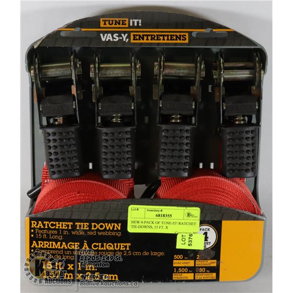NEW 4-PACK OF TUNE-IT! RATCHET TIE-DOWNS, 15 FT. X