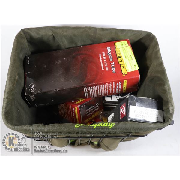 7 NEW BICYCLE TUBES & PARTS IN A NEW BIKE BASKET
