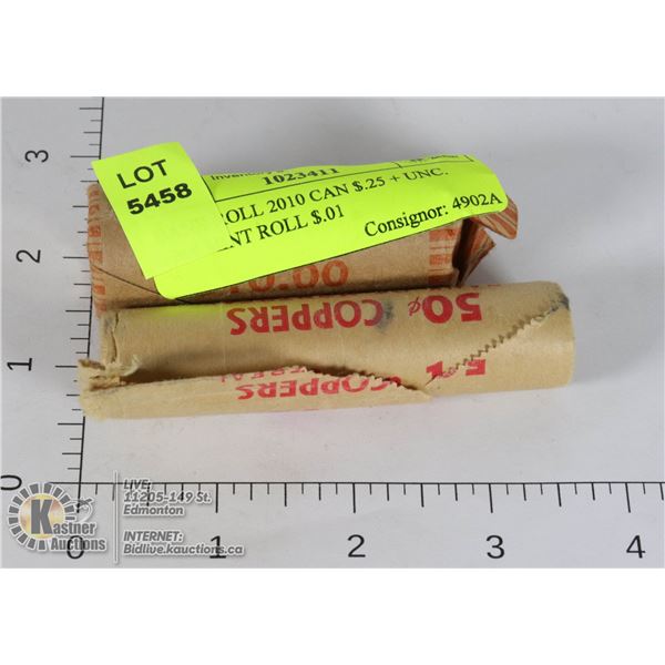 BANK ROLL 2010 CAN $.25 + UNC. 1968 MINT ROLL $.01