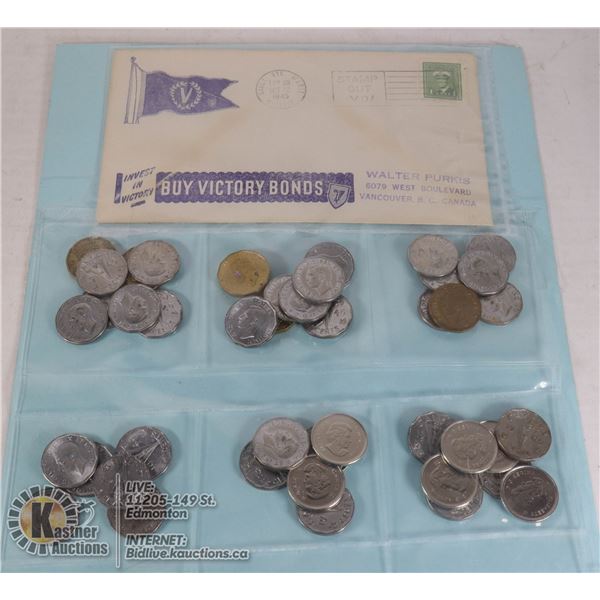 LOT OF WWII COINS + VICTORY BONDS LETTER (1945)