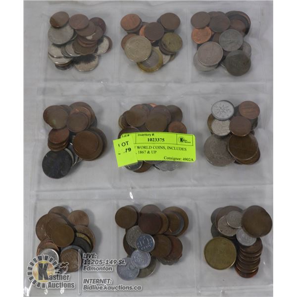 LOT OF WORLD COINS, INCLUDES SILVER, 1867 & UP