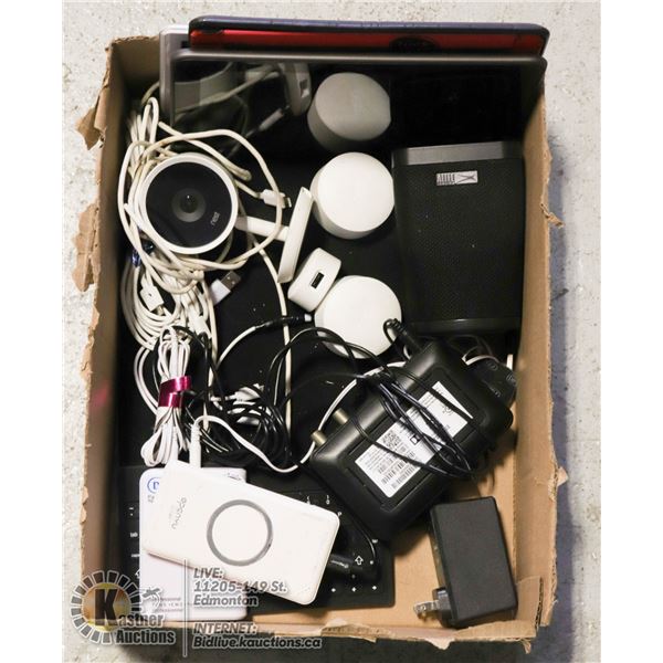 BOX OF MISC ELECTRONICS INCL. NEST CAMERA AND