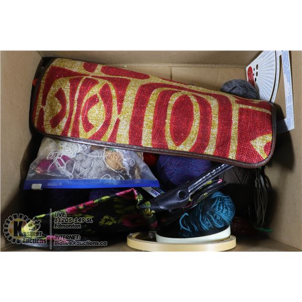 BOX OF YARN, FORAL BAG & OVER 100 KNITTING