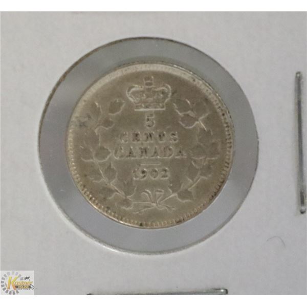 1902 CANADIAN EDWARD VII SILVER 5 CENT COIN 1ST