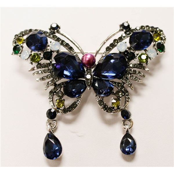BUTTERFLY RHINESTONE BROOCH WITH DANGLY TAILS