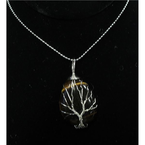 TIGERS EYE STONE TREE OF LIFE NECKLACE STAMPED