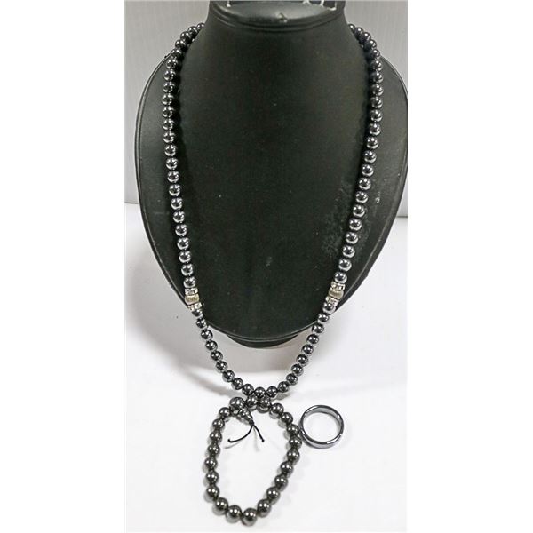 3PC HEMATITE SET INCLUDES RING NECKLACE & BRACELET