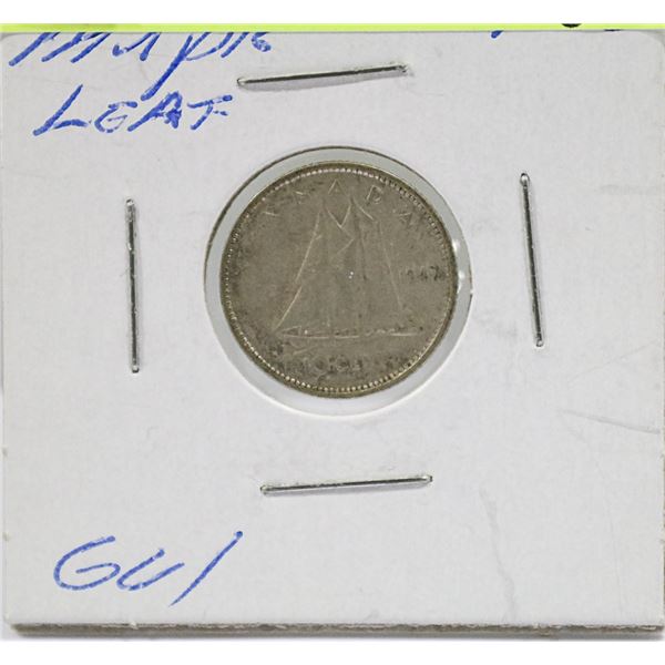 1947 CANADIAN GVI MAPLE LEAF 10 CENT COIN