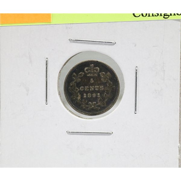 1891 CANADIAN QUEEN VICTORIA SILVER 5 CENT COIN