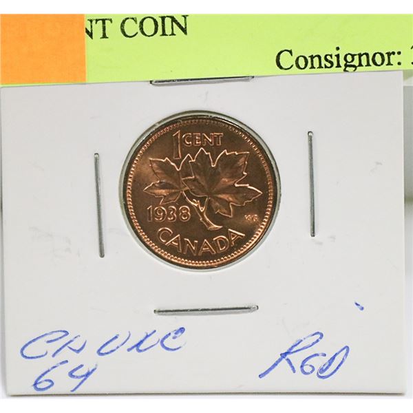 CHOICE UNC RED 1938 CANADIAN GVI 1 CENT COIN