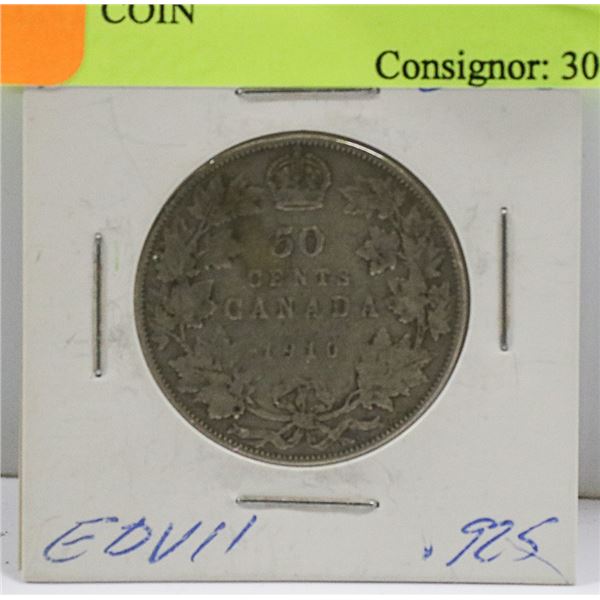 1910 CANADIAN EDWARD VII SILVER 50 CENT COIN