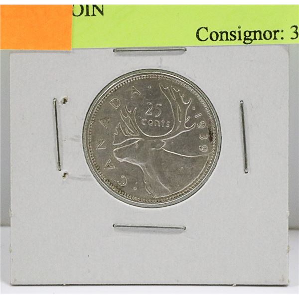 1939 CANADIAN GEORGE VI SILVER 25 CENT COIN
