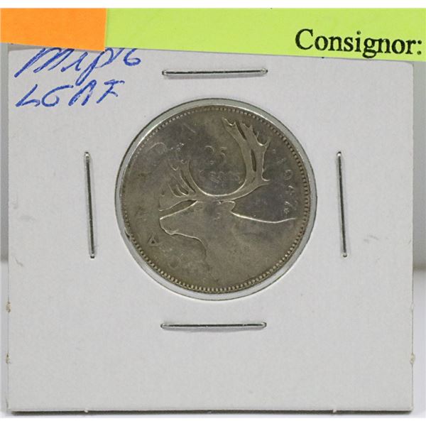 1947 MAPLE LEAF CANADIAN GVI SILVER 25 CENT COIN