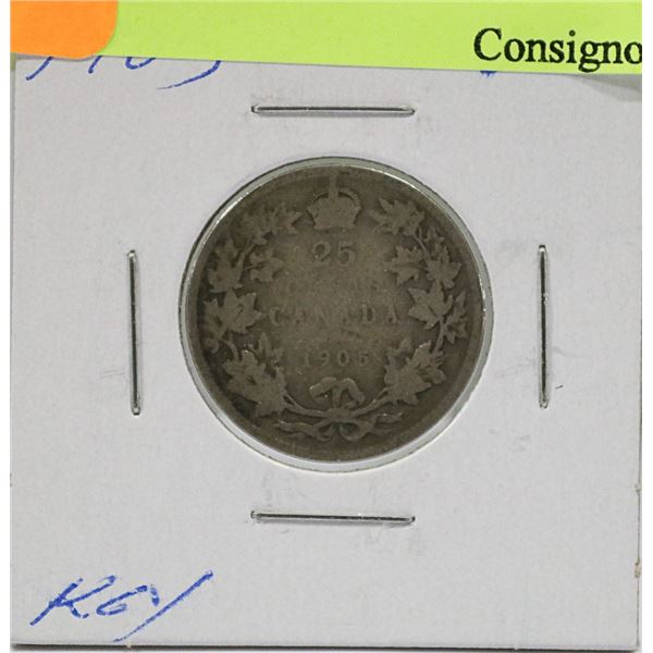 KEY DATE 1905 CANADIAN EDWARD VII SILVER 25 CENT