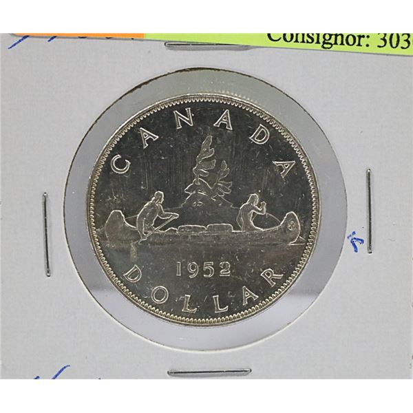 1952 CANADIAN GVI NO WATERLINES SILVER $1 COIN