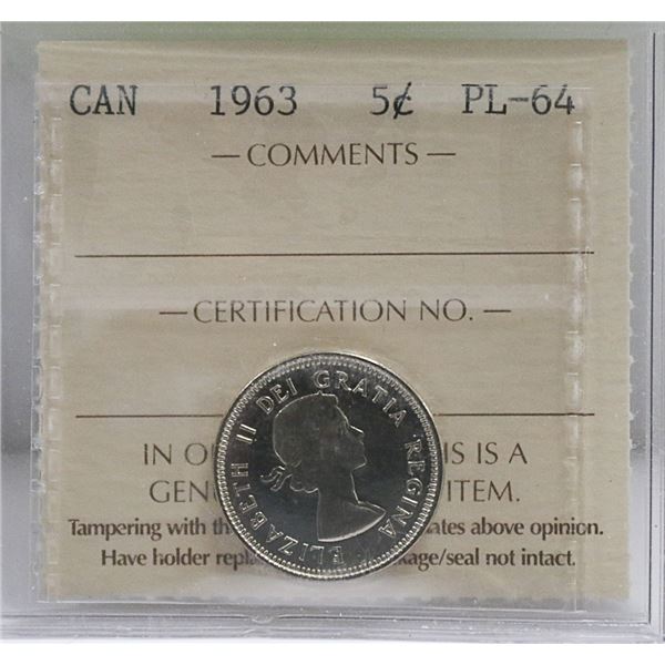 1963 CANADIAN QEII SILVER 5 CENT COIN ICCS PL-64