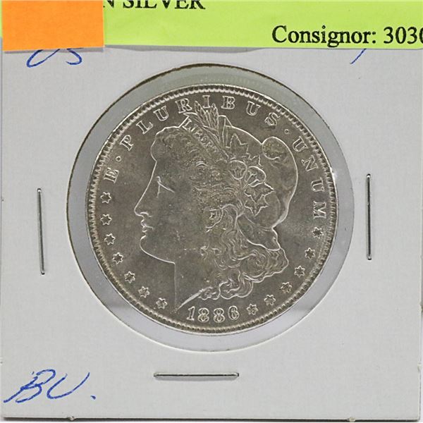 BRILLIANT UNCIRCULATED 1886 US MORGAN SILVER
