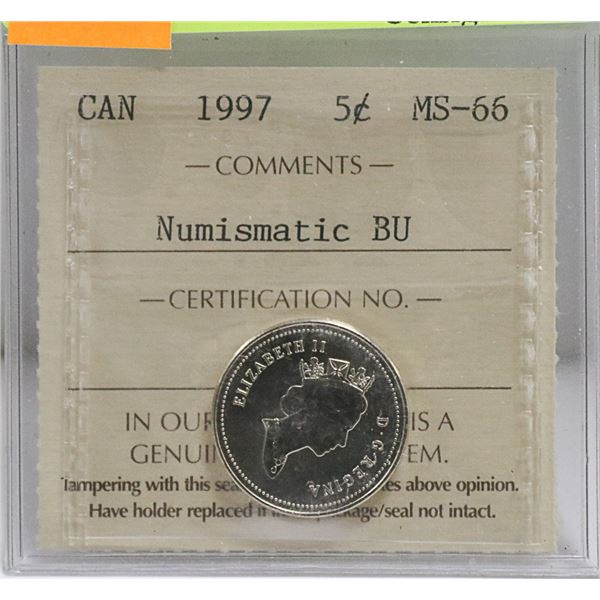 1997 CANADIAN 5 CENT COIN CERT ICCS MS-66