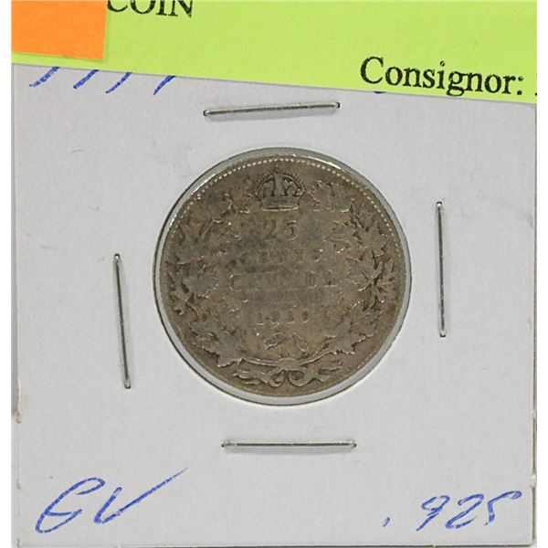 1919 CANADIAN GEORGE V SILVER 25 CENT COIN
