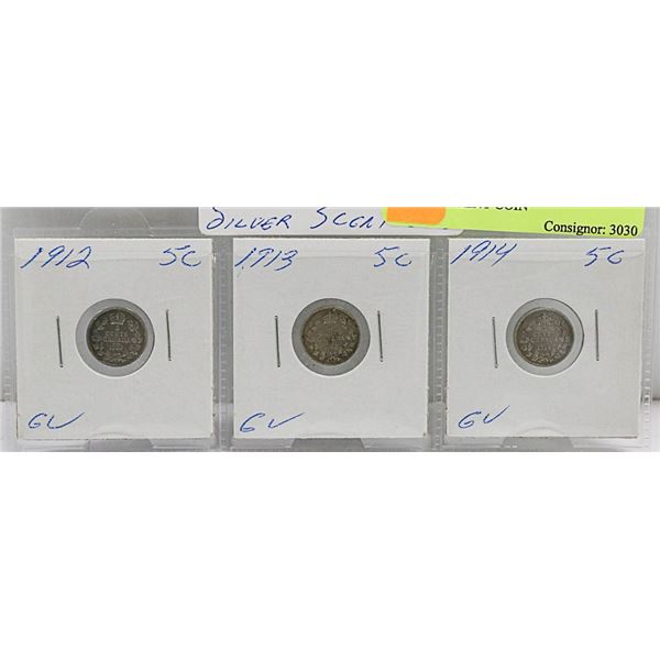 1912,13,14 SET OF 3 CANADIAN GC SILVER 5 CENT COIN