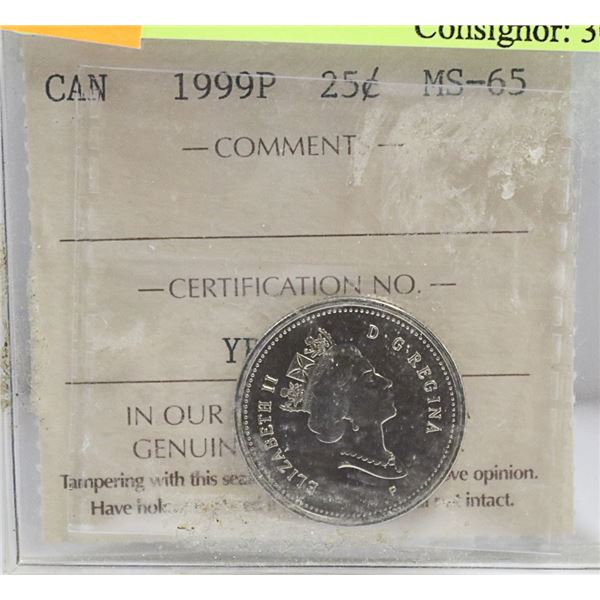 SCARCE 1999P CANADIAN 25 CENT COIN CERT ICCS-MS-65