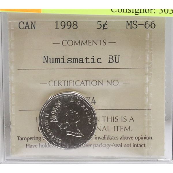 1998 CANADIAN 5 CENT COIN WINNIPEG MINT ICCS-MS-66