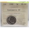 Image 1 : 1998 CANADIAN 5 CENT COIN WINNIPEG MINT ICCS-MS-66
