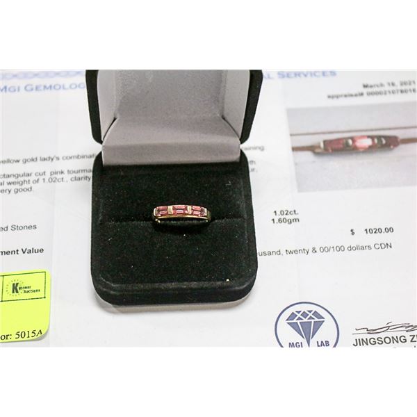 10K GOLD 1.02CARAT PINK TOURMALINE RING SIZE 7