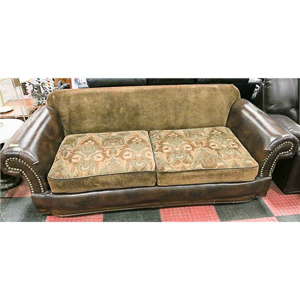 BROWN LEATHERETTE AND FABRIC COUCH