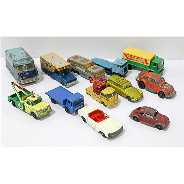 LOT OF VINTAGE TOY CARS INCL. CORGI, LESNEY & MORE