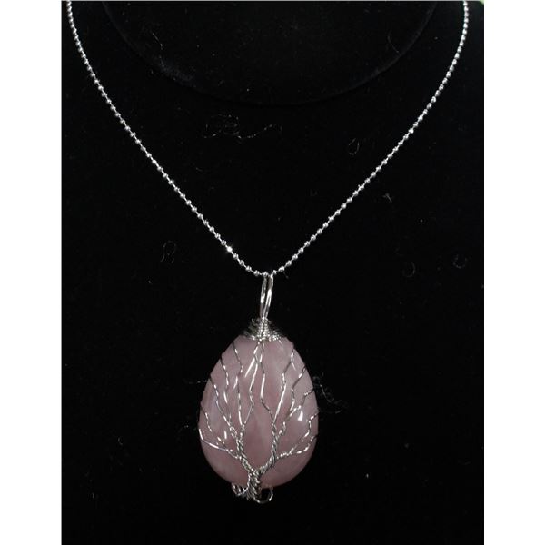 ROSE QUARTZ STONE TREE OF LIFE NECKLACE STAMPED