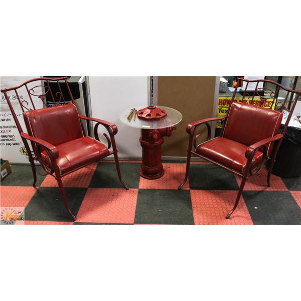 GENUINE FIRE HYDRANT TABLE/ 2 WROUGHT IRON CHAIRS