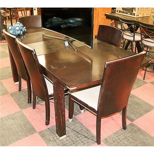 DARK WOOD TONE DINING ROOM TABLE WITH 6 CHAIRS